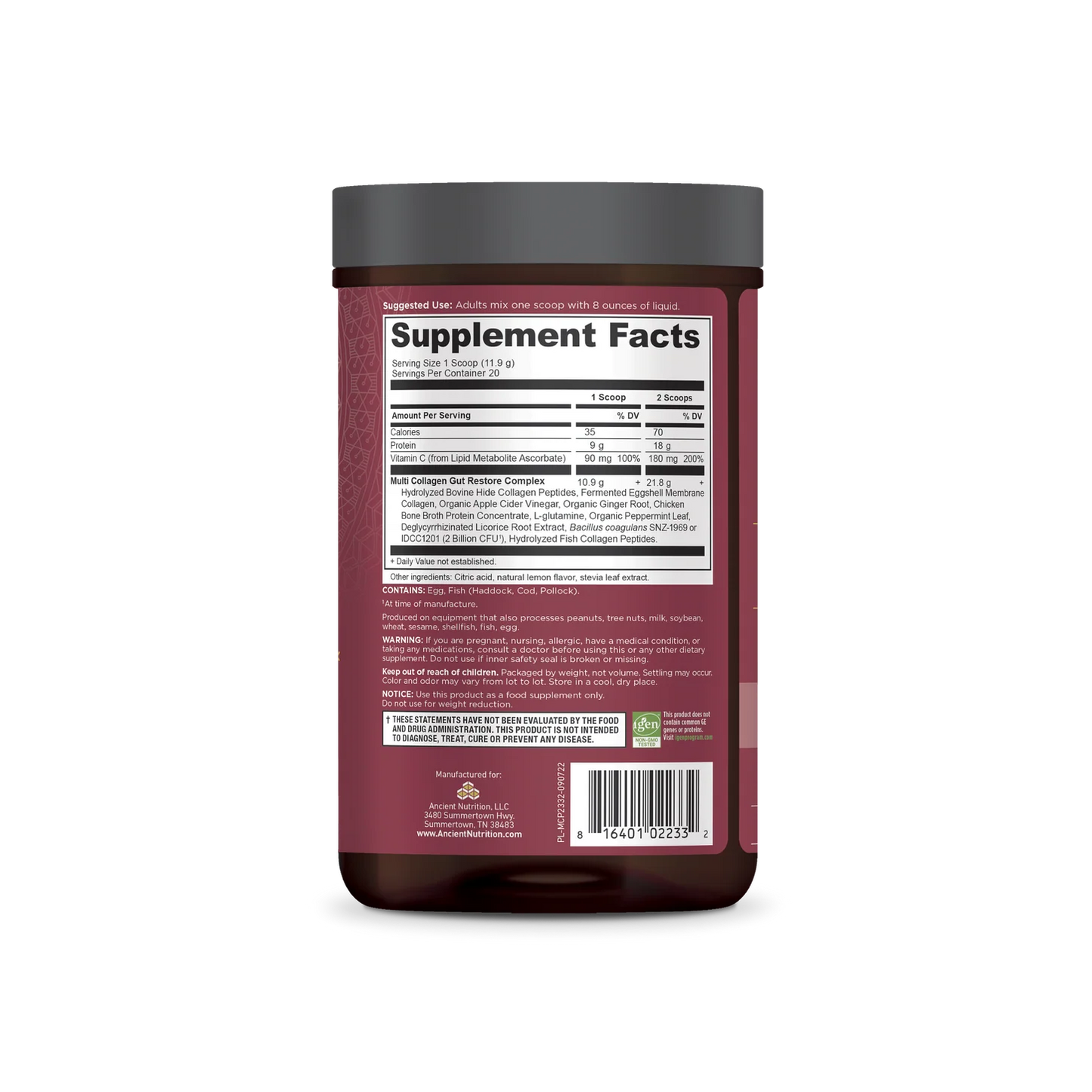 ANCIENT NUTRITION - Multi Collagen Protein – Gut Restore – Lemon Ginger - 20 servings