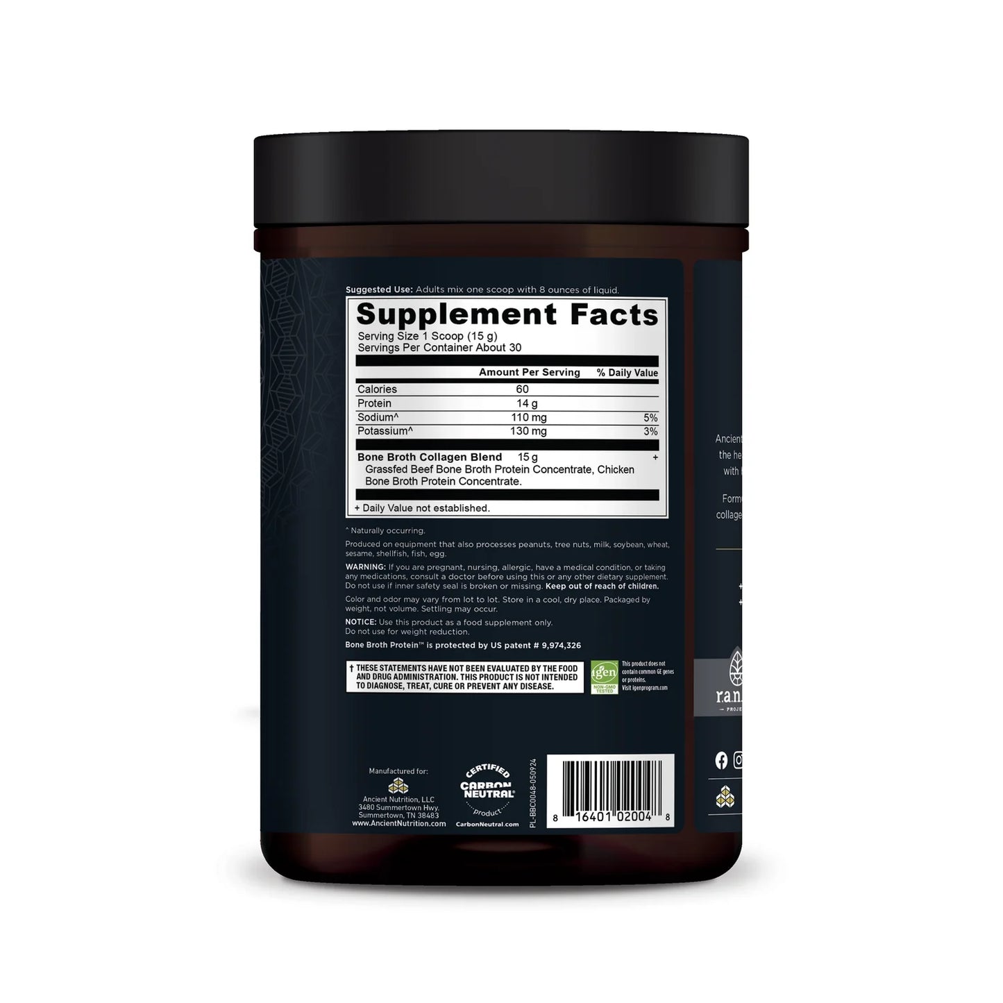 ANCIENT NUTRITION - Bone Broth Collagen - Pure - 30 servings