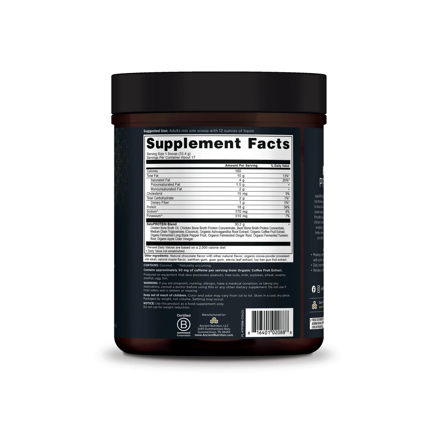 ANCIENT NUTRITION - Keto Protein – Chocolate - 17 servings