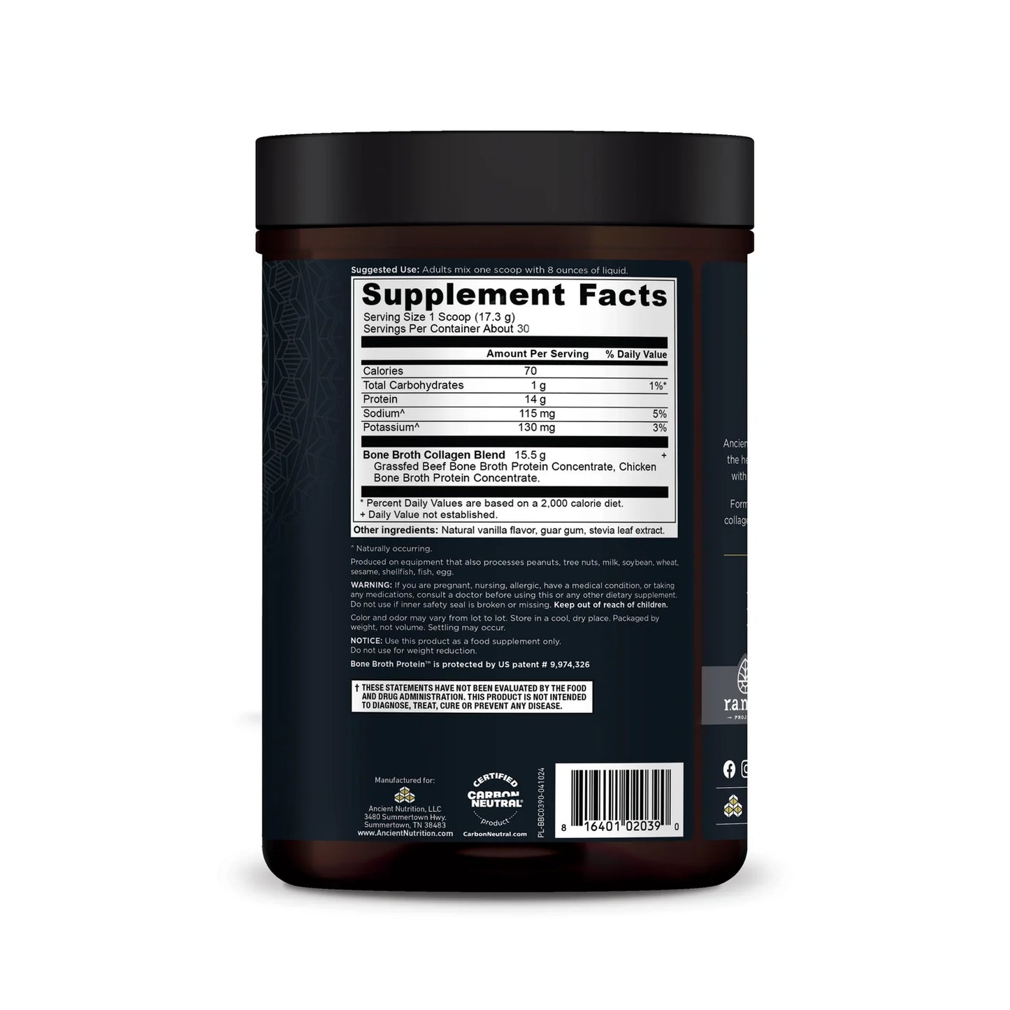 ANCIENT NUTRITION - Bone Broth Protein - Chocolate - 20 servings