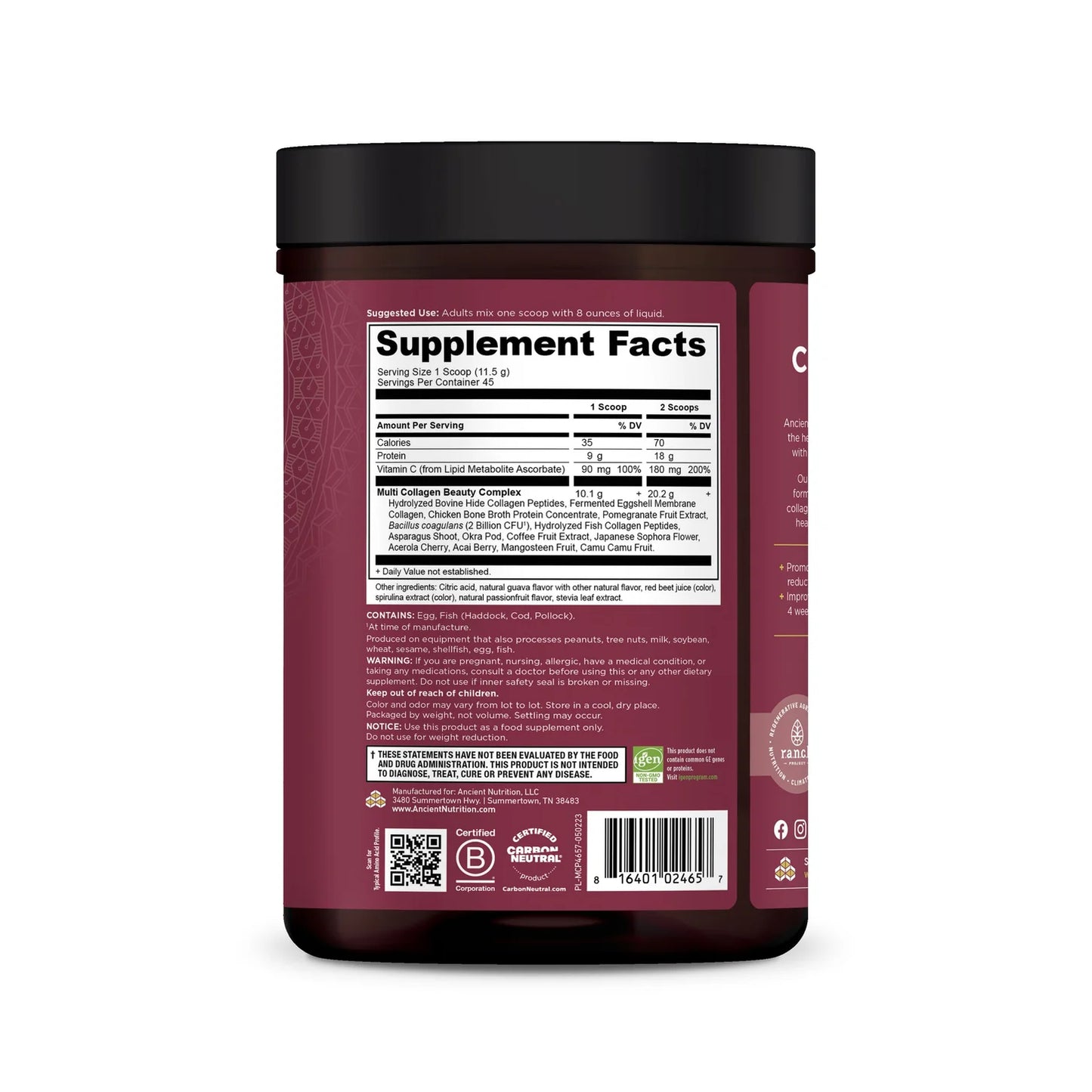 ANCIENT NUTRITION - Multi Collagen Protein - Beauty Within - Guava Passionfruit - 45 servings