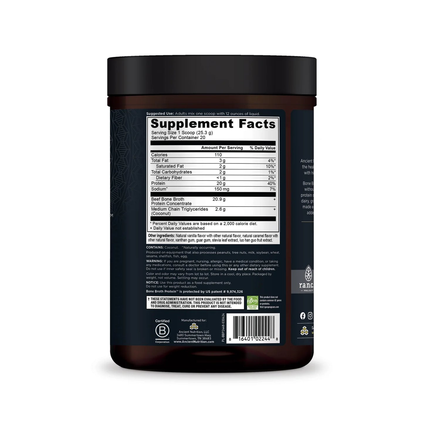 ANCIENT NUTRITION - Bone Broth Protein - Salted Caramel - 20 servings