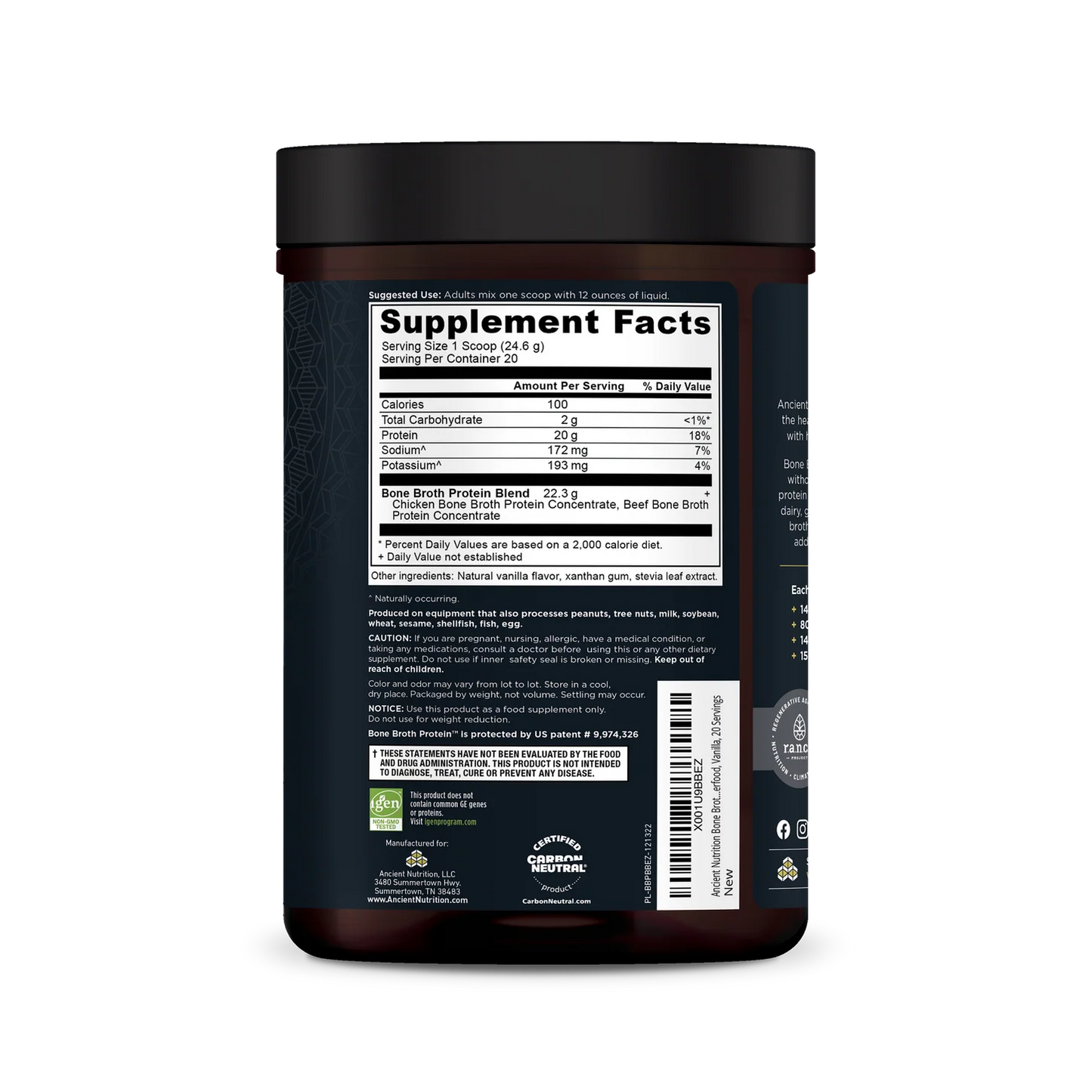 ANCIENT NUTRITION - Bone Broth Protein - Vanilla - 20 servings