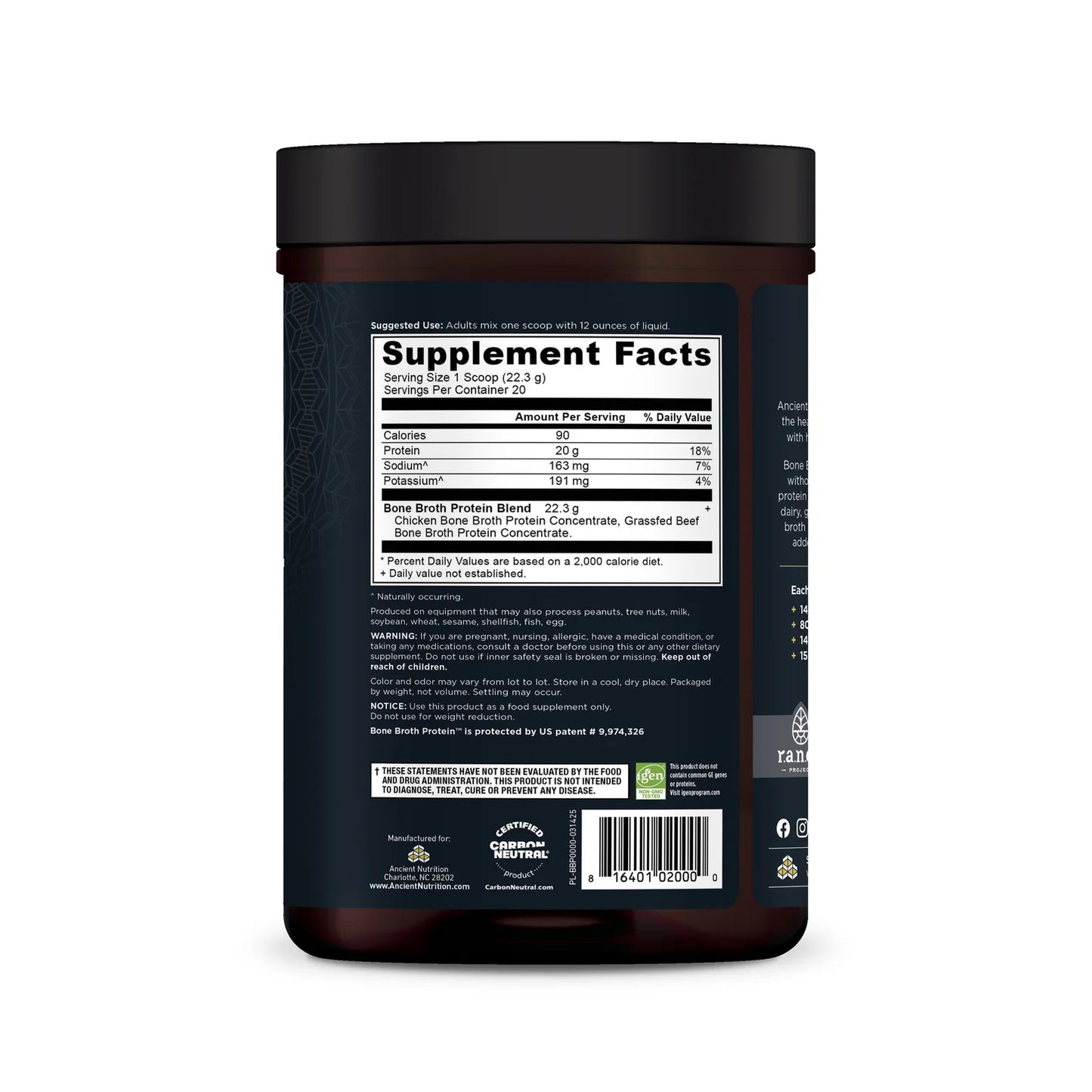 ANCIENT NUTRITION - Bone Broth Protein -Pure - 20 servings