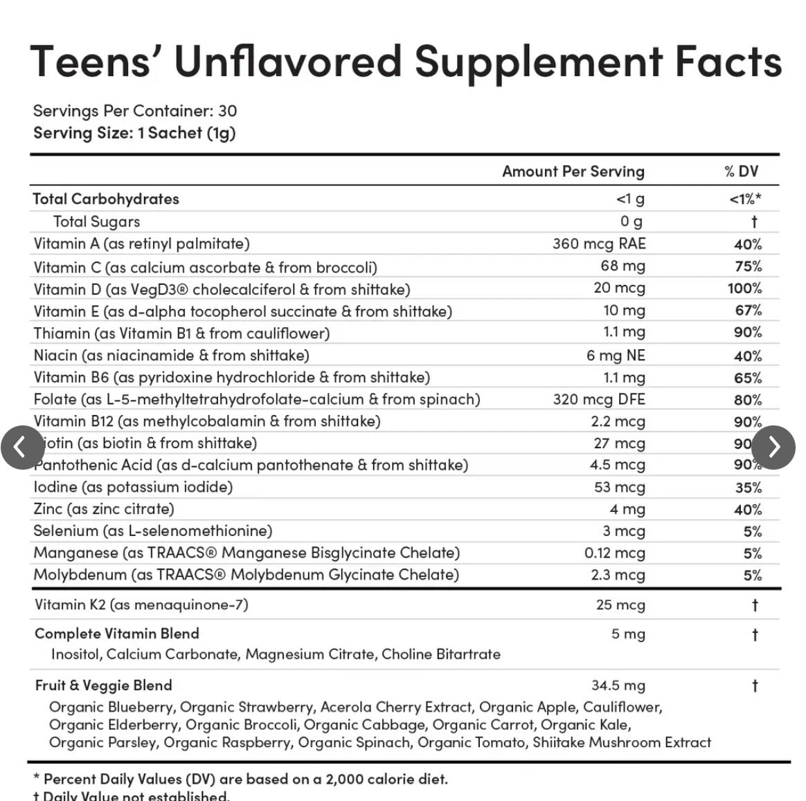 EllaOla - Teens Unflavored Multivitamin - Ages 13-18 yrs - 30ct