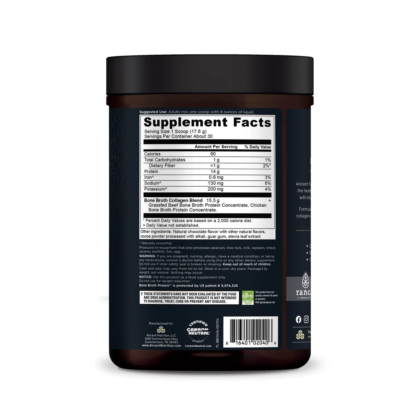 ANCIENT NUTRITION - Bone Broth Collagen - Chocolate - 30 servings